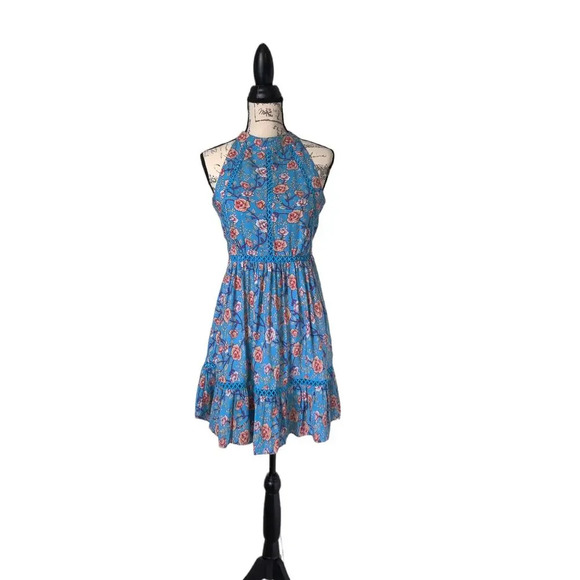 Sunday Mi Amor Floral Halter Neck Sleeveless Mini Dress Blue Tiered Size M Swing - Picture 11 of 11